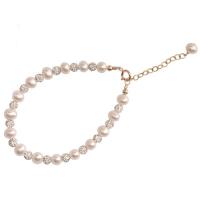 Kultivierten Süßwasser Perle Messing Armband, mit Natürliche kultivierte Süßwasserperlen, mit Verlängerungskettchen von 1.97inch, 14 K vergoldet, für Frau & mit Strass, Länge:ca. 6.1 ZollInch, verkauft von PC