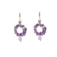 Süßwasser Perle Messing Ohrring, Natürliche kultivierte Süßwasserperlen, mit Amethyst & Messing, Kreisring, 18K vergoldet, Modeschmuck & Micro pave Zirkonia & für Frau, 60mm, verkauft von Paar