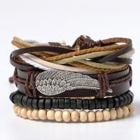 bracelet d'enveloppe, cuir de peau de vache, avec corde de cire & bois & alliage de zinc, forme d'aile, Placage, multicouche & style folk & pour homme Environ 7 pouce, Vendu par fixé