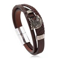 PU Leather Cord Bracelets, Cowhide, with PU Leather & Zinc Alloy, Eagle, plated, vintage & multilayer & for man, coffee color Approx 8.5 Inch 