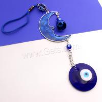 Zinklegierung Hängende Ornamente, mit Lampwork, Mond, plattiert, böser Blick- Muster & Emaille, blau, Länge:34 cm, verkauft von PC