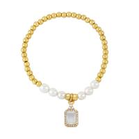 Cubic Zirconia Micro Pave Brass Bracelet, with Plastic Pearl, Vacuum Ion Plating, micro pave cubic zirconia cm 