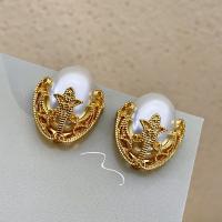 Boucle d'oreille en alliage de zinc en plastique perle, avec perle de plastique, Placage de couleur d'or, bijoux de mode & pour femme, doré, 38mm, Vendu par paire