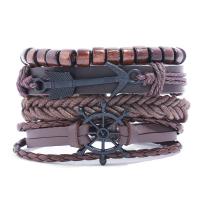 bracelet d'enveloppe, cuir PU, avec corde de cire & bois & alliage de zinc, Ancre et roue de bateau, Vintage & 4 pièces & pour homme Environ 6.7-7 pouce, Vendu par fixé