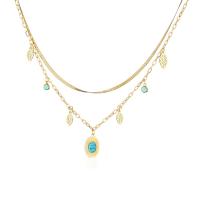 Collier de mode Multi couche, laiton, avec Acier titane & turquoise, avec 2inch chaînes de rallonge, Plaqué d'or 18K, Double couche & styles différents pour le choix & pour femme Environ 16.9 pouce, Vendu par PC