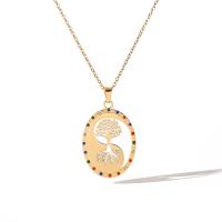 Titanium Steel Jewelry Necklace, with 2inch extender chain, Tree, 18K gold plated & micro pave cubic zirconia & for woman & hollow Approx 15.7 Inch 