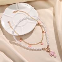 Collier de mode Multi couche, alliage de zinc, avec Acrylique, champignon, Placage de couleur d'or, Double couche & pour femme & émail & avec strass, rose Environ 39 cm, Environ 40.3 cm, Vendu par PC