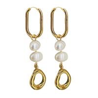 Boucles d'oreilles en acier titane, avec perle de plastique, Placage, bijoux de mode, doré, 57mm, Vendu par paire