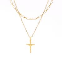 Collier de mode Multi couche, Acier inoxydable 304, avec 1.97inch chaînes de rallonge, croix, Plaqué d'or 24K, Double couche & bijoux de mode & unisexe, doré Environ 15.75 pouce, Environ 17.72 pouce, Vendu par PC