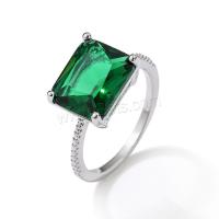 Anneau de cuivre de Zircon, laiton, avec zircon cubique, rectangle, Placage de couleur platine, normes différentes pour le choix & pour femme, vert, Vendu par PC