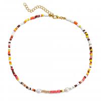 Petite perle en verre de collier 
, Seedbead, avec alliage de zinc, avec 6cm chaînes de rallonge, Placage de couleur d'or, bijoux de mode & pour femme, multicolore, protéger l'environnement, sans nickel, plomb et cadmium cm, Vendu par brin