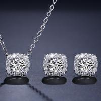 Zirkonia Micro Pave Schmucksets Messing, Stud Ohrring & Halskette, mit Verlängerungskettchen von 5cm, Quadrat, Platinfarbe platiniert, Micro pave Zirkonia & für Frau, keine, 10x10mm, Länge:45 cm, verkauft von setzen