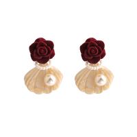 Boucle d'oreille en alliage de zinc en plastique perle, avec perle de plastique, Rose, Placage de couleur argentée, bijoux de mode & pour femme, rouge Vendu par paire