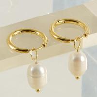 Boucles d'oreilles en acier titane, avec perle de plastique, Plaqué or 18K, bijoux de mode & pour femme, doré, 32mm, Vendu par paire