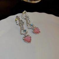 Zink Legierung Strass Tropfen Ohrring, Zinklegierung, Herz, plattiert, Modeschmuck & mit Strass, Rosa, 60x10mm, verkauft von Paar