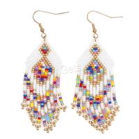 Moda flecos pendientes, Seedbead, con aleación de zinc, chapado en color dorado, Estilo bohemio & para mujer, 25x85mm, Vendido por Par