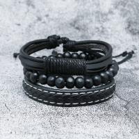 Wrap Bracelets, PU Leather, with Wood, multilayer & punk style & for man, black, Inner Approx 60mm 