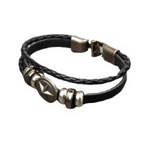 PU Leather Cord Bracelets, with Leather & Zinc Alloy, Star, multilayer & punk style & for man, black, Inner Approx 60mm 