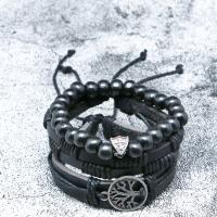 Wrap Bracelets, PU Leather, with Zinc Alloy, Tree, plated, fashion jewelry & multilayer & for man, black, Inner Approx 60mm 