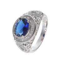 Anneau de cuivre de Zircon, laiton, avec zircon cubique, ovale, Plaqué de platine, bijoux de mode & normes différentes pour le choix & pavé de micro strass & pour femme & facettes, bleu, Vendu par PC