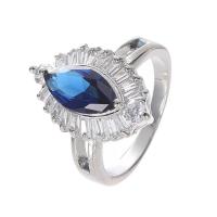 Anneau de cuivre de Zircon, laiton, avec zircon cubique, oeil de cheval, Plaqué de platine, bijoux de mode & unisexe & normes différentes pour le choix & facettes, bleu, Vendu par PC