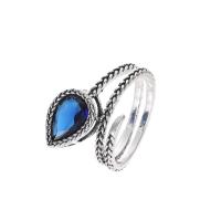 Anneau de cuivre de Zircon, laiton, avec zircon cubique, larme, Plaqué de couleur d'argent, Réglable & bijoux de mode & pour femme & facettes, bleu, 16mm, Diamètre inté Environ 18mm, Vendu par PC