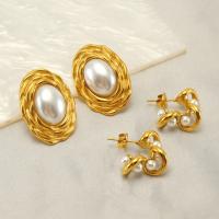 Boucles d'oreilles en acier titane, avec perle de plastique, Plaqué or 18K, bijoux de mode & styles différents pour le choix & pour femme, doré, Vendu par paire