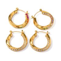 Stainless Steel Hoop Earring, 304 Stainless Steel, Vacuum Ion Plating, fashion jewelry & for woman & with rhinestone, golden 