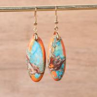 Gemstone Drop Earring, Impression Jasper, with Iron, Oval, gold color plated, for woman 32-50mm 