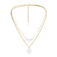 Collier de mode Multi couche, Acier inoxydable 304, avec perle de plastique, avec 2.36inch chaînes de rallonge, Double couche & bijoux de mode & pour femme, doré Environ 17.32 pouce, Environ 14.96 pouce, Vendu par brin