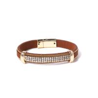 PU Leather Cord Bracelets, Zinc Alloy, with PU Leather & 304 Stainless Steel, 18K gold plated, folk style & for woman & with rhinestone Approx 8.3 Inch 