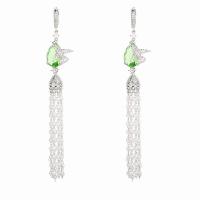 Moda flecos pendientes, metal, con Perlas plásticas, chapado en platina real, Joyería & micro arcilla de zirconia cúbica & para mujer, verde, 115x19mm, Vendido por Par