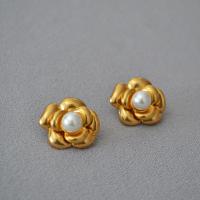 Brass Stud Earring, with Plastic Pearl, Flower, matte gold color plated, fashion jewelry & for woman, mixed colors, 20mm 