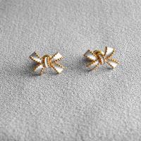 Brass Stud Earring, Bowknot, gold color plated, fashion jewelry & for woman & enamel, white, 15mm 