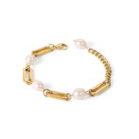 Perlen Armbänder, 304 Edelstahl, mit Natürliche kultivierte Süßwasserperlen, mit Verlängerungskettchen von 5cm, plattiert, Modeschmuck, goldfarben, 8.7mm, Länge:16.5 cm, verkauft von PC