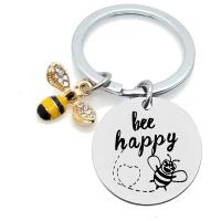 Stainless Steel Key Chain, 304 Stainless Steel, Flat Round, polished, Unisex & with letter pattern & enamel & with rhinestone, original color 