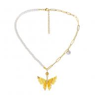 Collier de perles en plastique, Acier inoxydable 304, avec perle de plastique, avec 1.97inch chaînes de rallonge, papillon, Placage, bijoux de mode & pour femme & avec strass, doré Environ 14.17 pouce, Vendu par brin