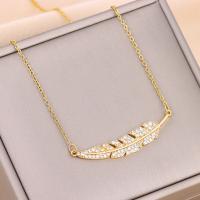 Collar de la joyería de titanio, Partículas de acero, con metal, con 2inch extender cadena, Pluma, chapado en oro real, cadena oval & para mujer & con diamantes de imitación, longitud:aproximado 15.7 Inch, Vendido por UD