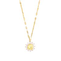 Titanium Steel Jewelry Necklace, with Crystal & Brass, with 2inch extender chain, Flower, real gold plated, wave chain & micro pave cubic zirconia & for woman Approx 15.7 Inch 