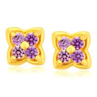 Pendientes de Perno de Aleación de Zinc, Trébol de cuatro hojas, chapado en oro de 24 K, Joyería & micro arcilla de zirconia cúbica & para mujer, Púrpura, 6x6mm, Vendido por Par