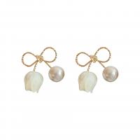 Brass Stud Earring, Copper Alloy, with Plastic Pearl, Bowknot, real gold plated, fashion jewelry & for woman 