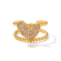 Strass Edelstahl Fingerring, 304 Edelstahl, Herz, plattiert, Modeschmuck & mit Strass, Goldfarbe, 12.3mm, Innendurchmesser:ca. 18.1mm, verkauft von PC