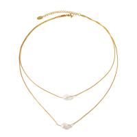 Collier de mode Multi couche, Acier inoxydable 304, avec perle d'eau douce cultivée, avec 2.17inch chaînes de rallonge, Plaqué or 18K, Double couche & bijoux de mode & pour femme, doré Environ 15.55 pouce, Environ 18.31 pouce, Vendu par brin