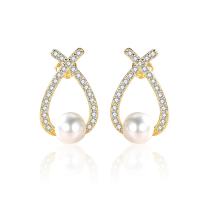 Sterling Silver Natural Pearl Stud Earring, 925 Sterling Silver, with Freshwater Pearl, plated, micro pave cubic zirconia 