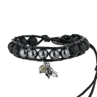 Lava Bracelet, with Wax Cord & Hematite & Crystal & Zinc Alloy, Round, silver color plated, fashion jewelry & Bohemian style & Unisex, black Approx 17 cm 