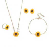 Conjuntos de joyería de acero inoxidable, acero inoxidable 304, Pendiente de stud & anillo de dedo & pulsera & collar, con Vidrio, con 1.97inch extender cadena, Girasol, 4 piezas & para mujer, más colores para la opción, longitud:aproximado 19.69 Inch, aproximado 7.09 Inch, Vendido por Bolsa