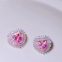 Rhinestone Brass Stud Earring, with Glass Rhinestone, Heart, platinum color plated, fashion jewelry & for woman, pink 