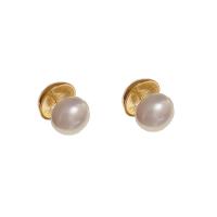 Brass Stud Earring, with Plastic Pearl, Round, gold color plated, fashion jewelry & for woman, white 