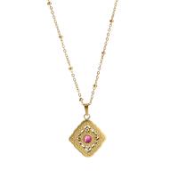 Titanium Steel Jewelry Necklace, with 2inch extender chain, Rhombus, 18K gold plated, fashion jewelry & for woman & with rhinestone & hollow Approx 15.7 Inch 