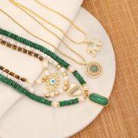 Evil Eye Jewelry Set, Brass, with Malachite & Tiger Eye & Shell & Plastic Pearl, with 2inch extender chain, gold color plated & micro pave cubic zirconia & for woman Approx 15.7 Inch 